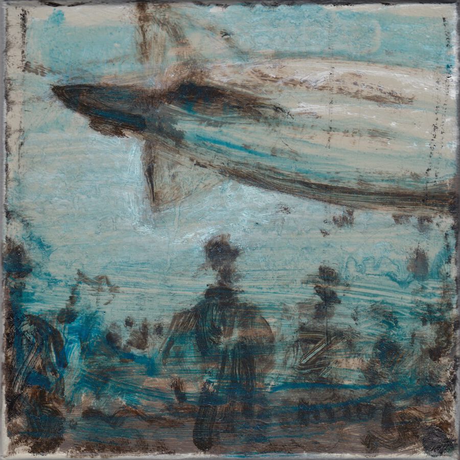 Martin Paulus, Zeppelinbahnhof, 2020, Öl auf Karton, Holz, 20x20x6 cm